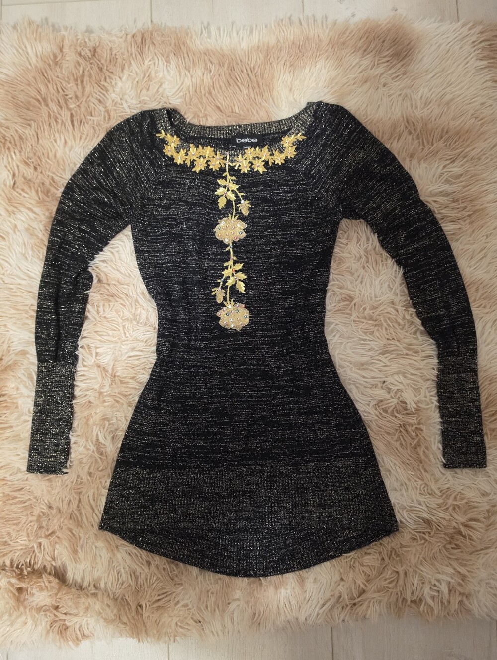 BEBE Black Knit Metallic Long-Sleeve Top with Yellow Jeweled Embroidery XS
